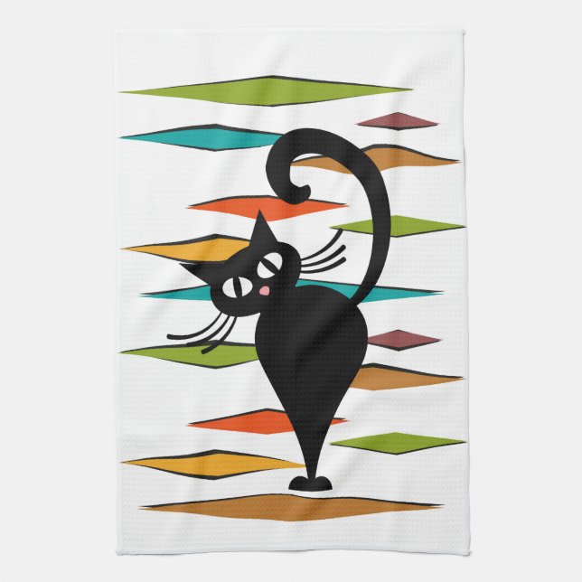 Mid Century black cat design Tea Towel (Vertical)