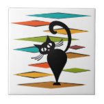 Mid Century black cat design Tile<br><div class="desc">Colourful abstract Mid Century style illustration with black cat and colourful rhombuses decoration on white background</div>