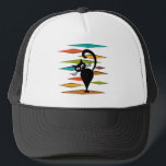 Mid Century black cat design Trucker Hat<br><div class="desc">Colourful abstract Mid Century style illustration with black cat and colourful rhombuses decoration on white background</div>
