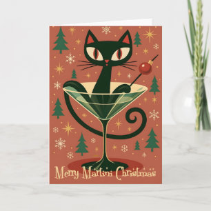 Mid Century Black Cat Merry Martini Christmas Card