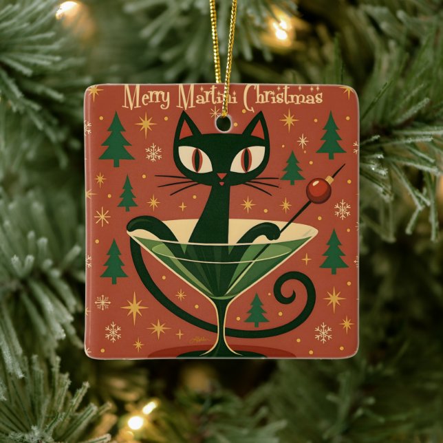Mid Century Black Cat Merry Martini Christmas Ceramic Ornament (Tree)