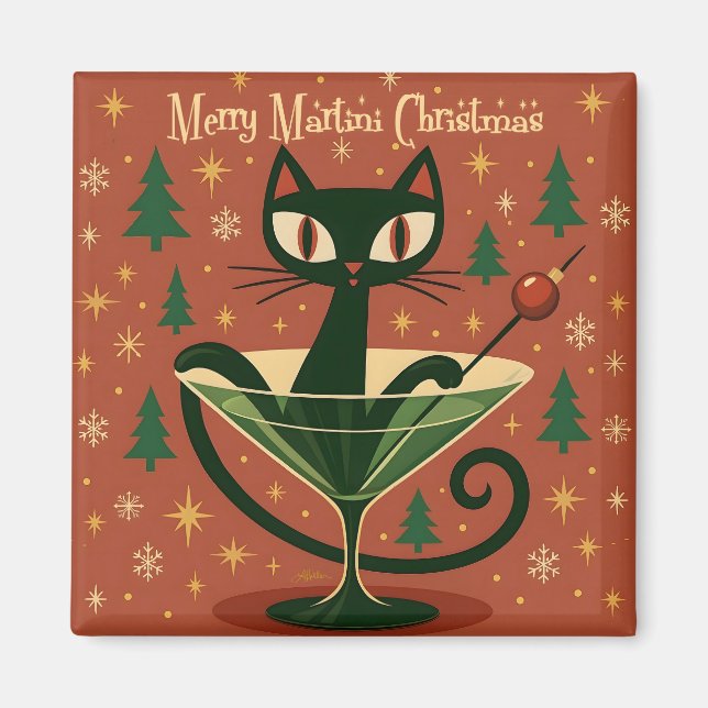 Mid Century Black Cat Merry Martini Christmas Magnet (Front)