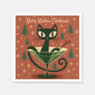 Mid Century Black Cat Merry Martini Christmas Napkin