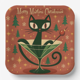 Mid Century Black Cat Merry Martini Christmas Paper Plate
