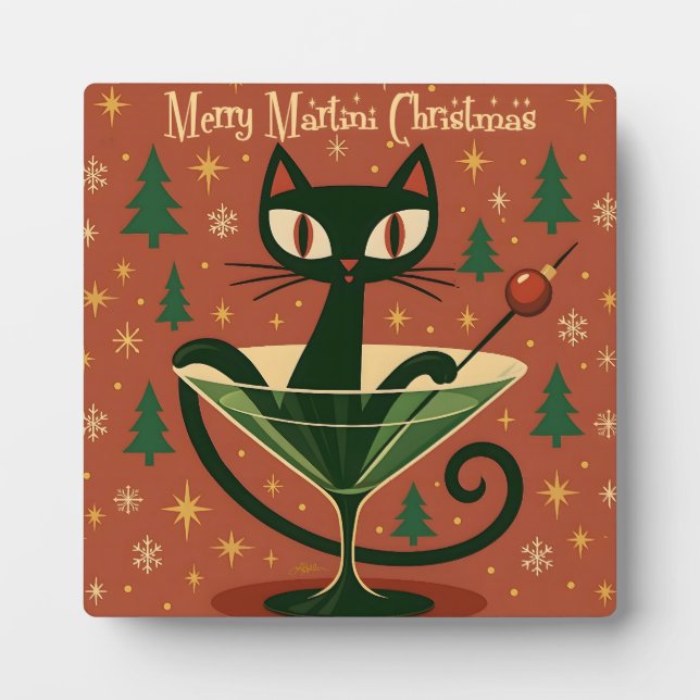 Mid Century Black Cat Merry Martini Christmas Plaque (Front)