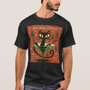 Mid Century Black Cat Merry Martini Christmas T-Shirt