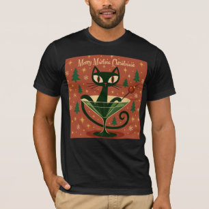 Mid Century Black Cat Merry Martini Christmas T-Shirt