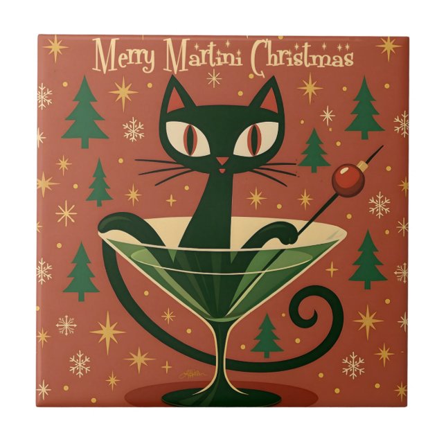 Mid Century Black Cat Merry Martini Christmas Tile (Front)