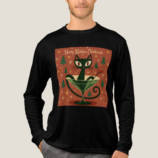 Mid Century Black Cat Merry Martini Christmas Tri-Blend Shirt (Front)