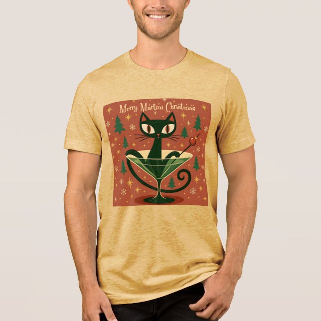 Mid Century Black Cat Merry Martini Christmas Tri-Blend Shirt (Front)