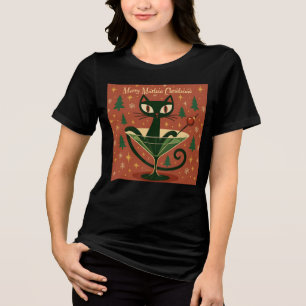 Mid Century Black Cat Merry Martini Christmas Tri-Blend Shirt