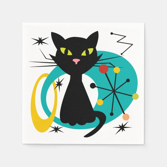 Mid Century black cat Napkin (Front)