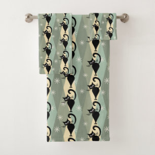 Mid Century black cat pattern Bath Towel Set