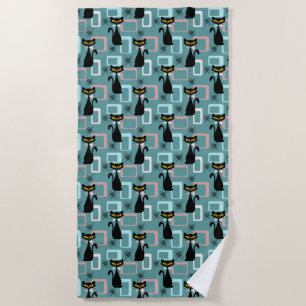Mid Century black cat pattern  Beach Towel