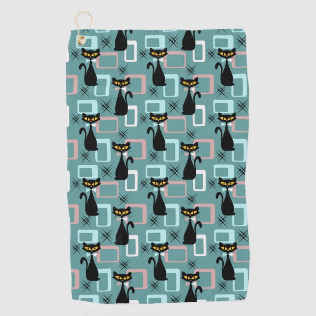 Mid Century black cat pattern  Golf Towel (Front)