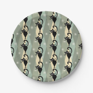 Mid Century black cat pattern Paper Plate