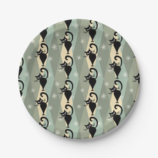 Mid Century black cat pattern Paper Plate (Front)