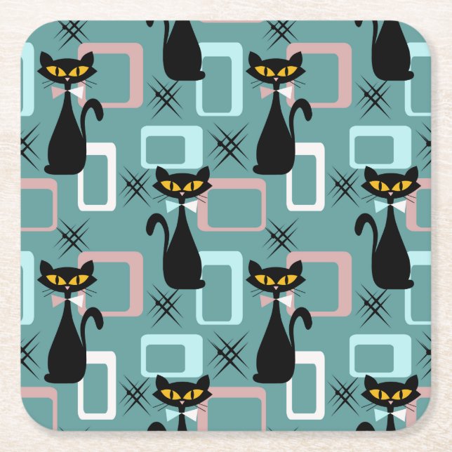 Mid Century black cat pattern Square Paper Coaster (Front)