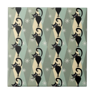 Mid Century black cat pattern Tile