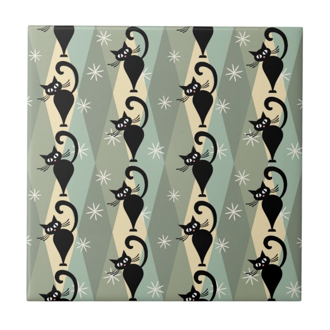 Mid Century black cat pattern Tile (Front)