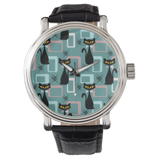 Mid Century black cat pattern  Watch (Front)