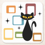 Mid Century black cat Square Paper Coaster<br><div class="desc">Colourful abstract Mid Century style illustration with black cat,  black stars and colourful cubes decoration on white background. You can add your name/monogram to personalise the item.</div>