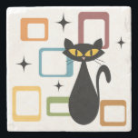 Mid Century black cat Stone Coaster<br><div class="desc">Colourful abstract Mid Century style illustration with black cat,  black stars and colourful cubes decoration on white background. You can add your name/monogram to personalise the item.</div>