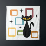 Mid Century black cat Tapestry<br><div class="desc">Colourful abstract Mid Century style illustration with black cat,  black stars and colourful cubes decoration on white background. You can add your name/monogram to personalise the item.</div>