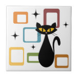 Mid Century black cat Tile<br><div class="desc">Colourful abstract Mid Century style illustration with black cat,  black stars and colourful cubes decoration on white background. You can add your name/monogram to personalise the item.</div>
