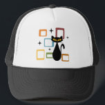 Mid Century black cat Trucker Hat<br><div class="desc">Colourful abstract Mid Century style illustration with black cat,  black stars and colourful cubes decoration on white background. You can add your name/monogram to personalise the item.</div>