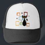 Mid Century black cat Trucker Hat<br><div class="desc">Colourful abstract Mid Century style illustration with black cat,  black stars and colourful cubes decoration on white background. You can add your name/monogram to personalise the item.</div>