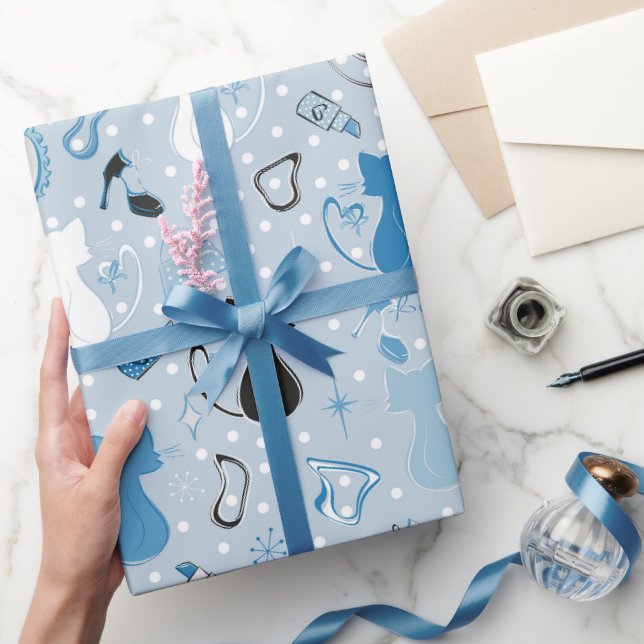 Mid Century Blue Heart Cats Wrapping Paper (Gifting)