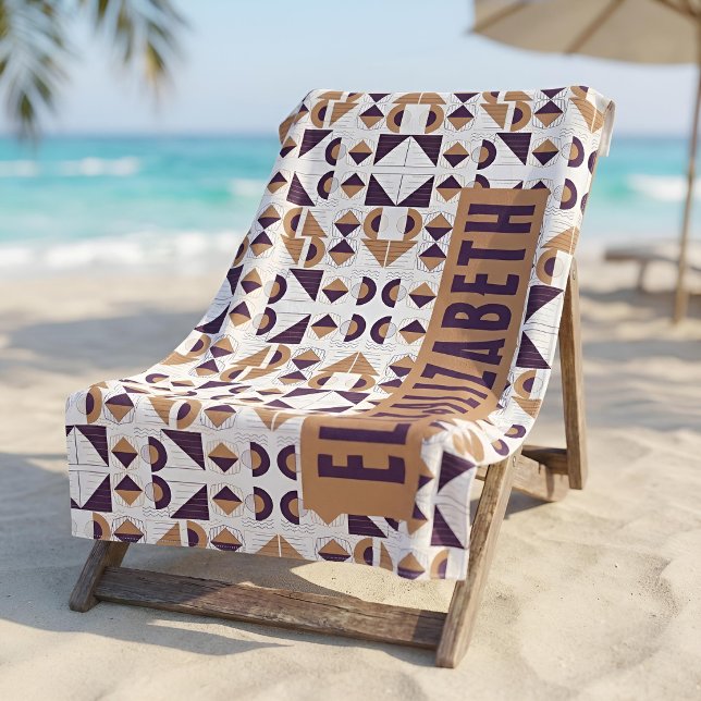Mid-Century Boho Purple & Mustard Chic Custom Name Beach Towel (Creator Uploaded)
