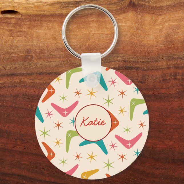 Mid Century Boomerang with Retro starbursts Name  Key Ring (Front)