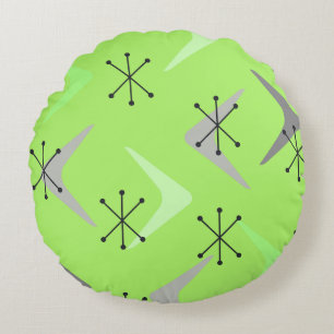 Mid Century Boomerangs Starbursts Green Round Cushion