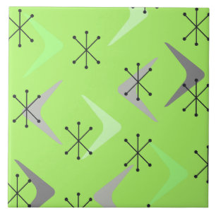 Mid Century Boomerangs Starbursts Green Tile