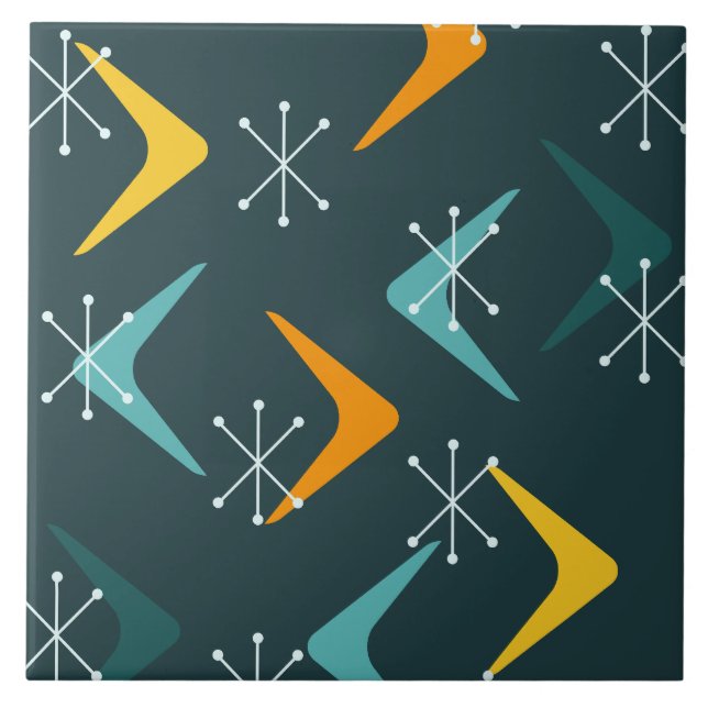 Mid Century Boomerangs Starbursts Teal Tile (Front)
