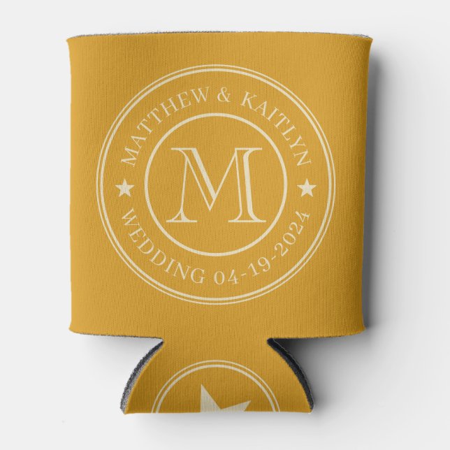 Mid-Century Burnt Buttercup Wedding Monogram Star Can Cooler (Front)
