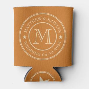 Mid-Century Burnt Honey Wedding Monogram Star Can Cooler