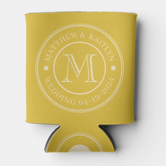 Mid-Century Burnt Lemon Wedding Monogram Can Cooler (Front)