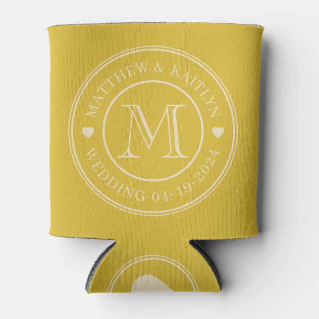Mid-Century Burnt Lemon Wedding Monogram Heart Can Cooler (Front)