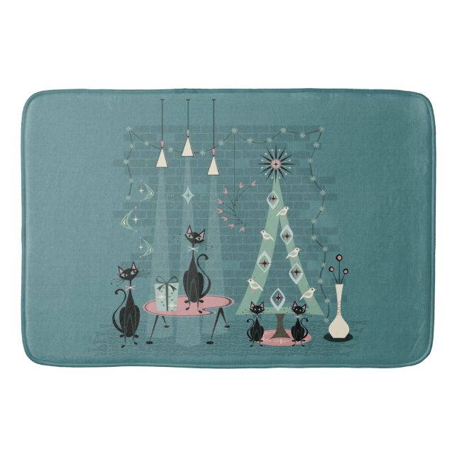 Mid Century Cat Family Holiday Bath Mat (Front)