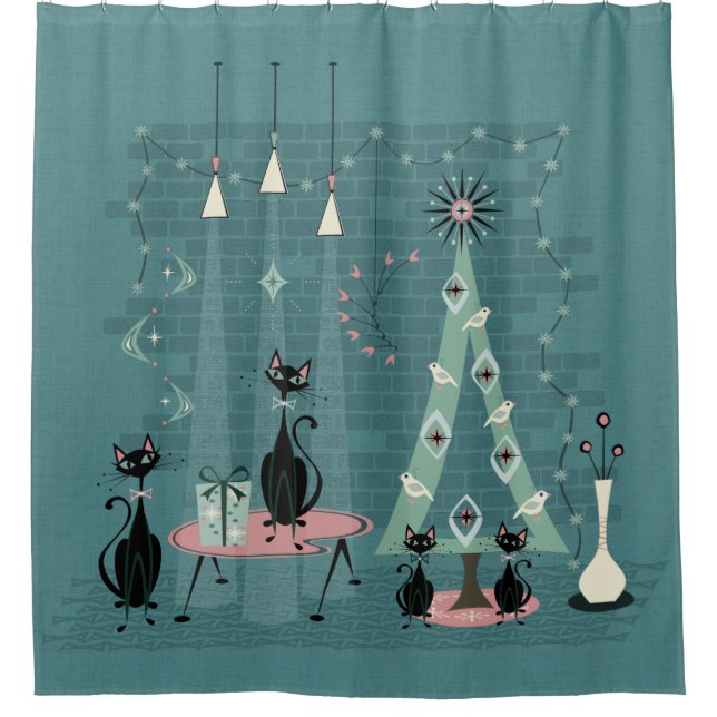 Mid Century Cat Family Holiday on Blue Shower Curtain (Front)