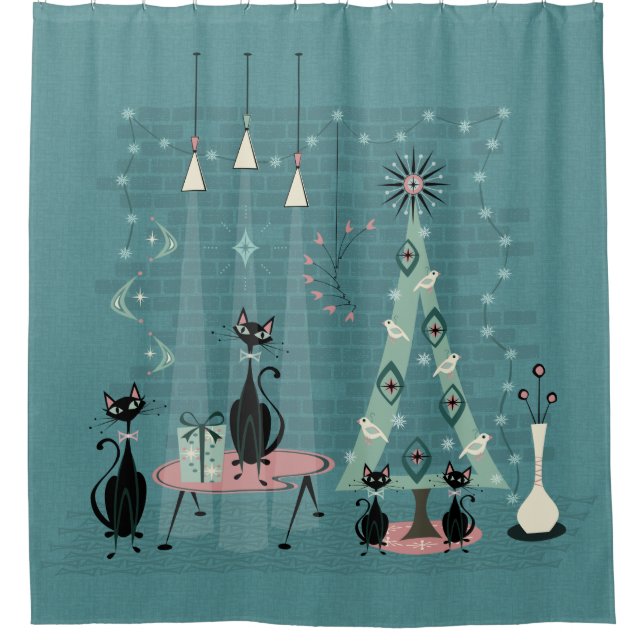 Mid Century Cat Family Holiday ©️studioxtine Shower Curtain (Front)