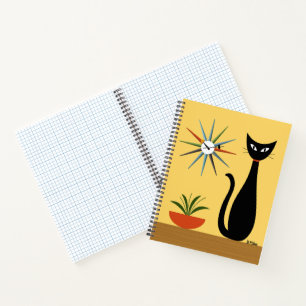 Mid Century Cat with Starburst Clock on Yellow Notebook