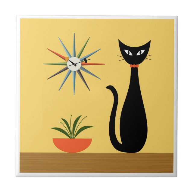 Mid Century Cat with Starburst Clock on Yellow Tile (Front)