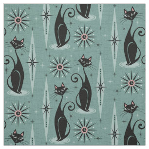 Mid Century Cats and Clock on Spearmint Fabric