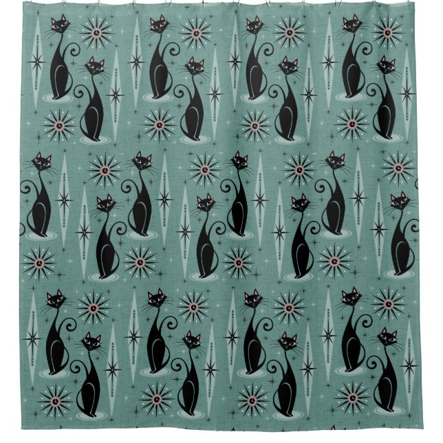 Mid Century Cats and Clocks Shower Curtain (Front)