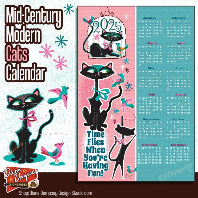 Mid-Century Cats Calendar Kitchen Towel (Creator Uploaded)