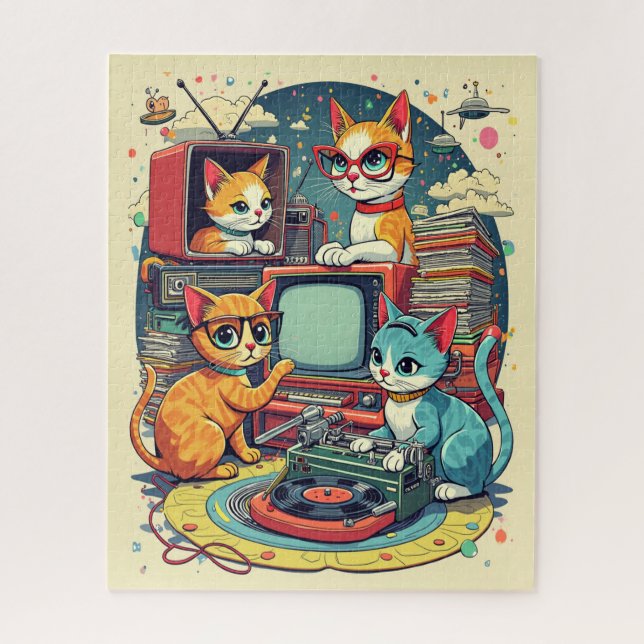 Mid Century Cats with Retro Records & TV Jigsaw Puzzle (Vertical)
